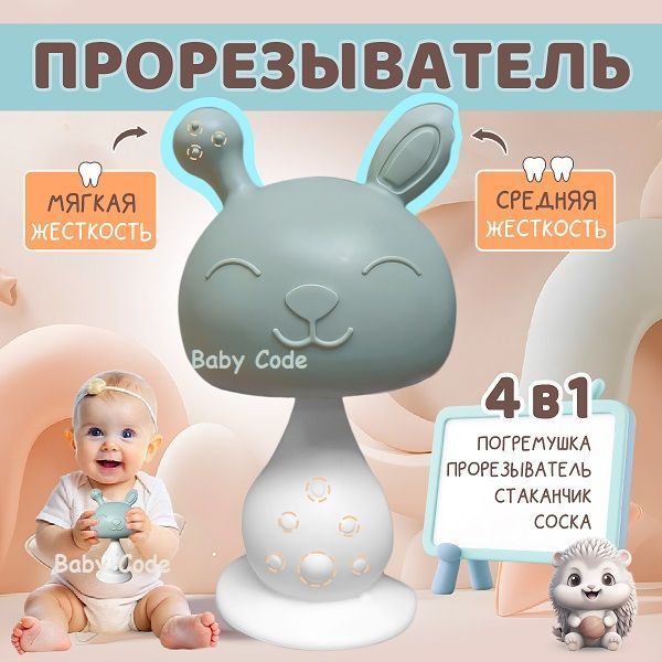 Игрушка для малышей прорезыватель Грибочек Серо-голубой для зубов новорожденных